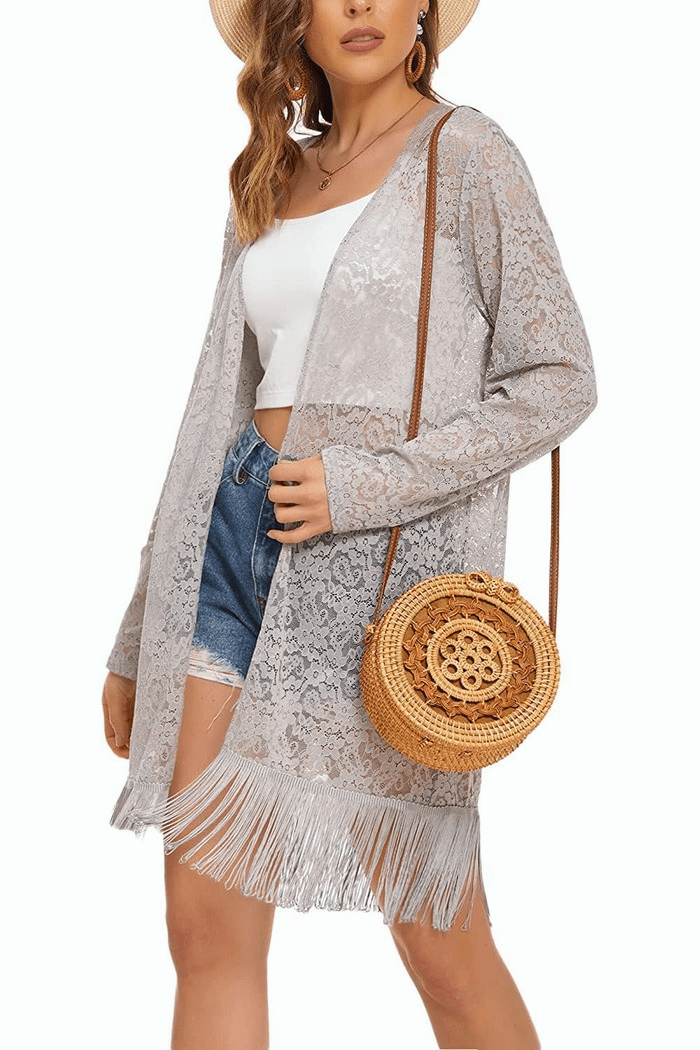 Lace Cover Up Tassel Sheer Cardigan - Zeagoo (Us Only)-tidenox