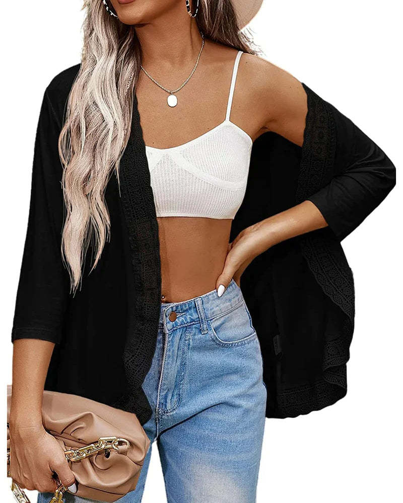 Zeagoo Women's Open Front Cardigans Lightweight 3/4 Sleeve Lace Kimono Soft Draped Cover Ups (US Only)-tidenox