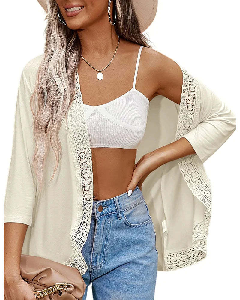 Zeagoo Women's Open Front Cardigans Lightweight 3/4 Sleeve Lace Kimono Soft Draped Cover Ups (US Only)-tidenox