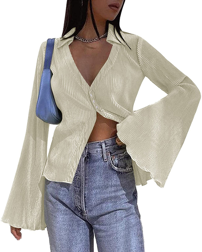 Women's Deep V Neck Shirt Button Front Blouse Bell Long Sleeve Tops - Zeagoo (Us Only)-tidenox