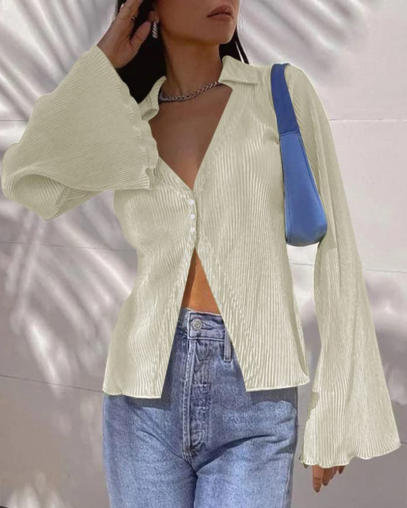 Women's Deep V Neck Shirt Button Front Blouse Bell Long Sleeve Tops - Zeagoo (Us Only)-tidenox