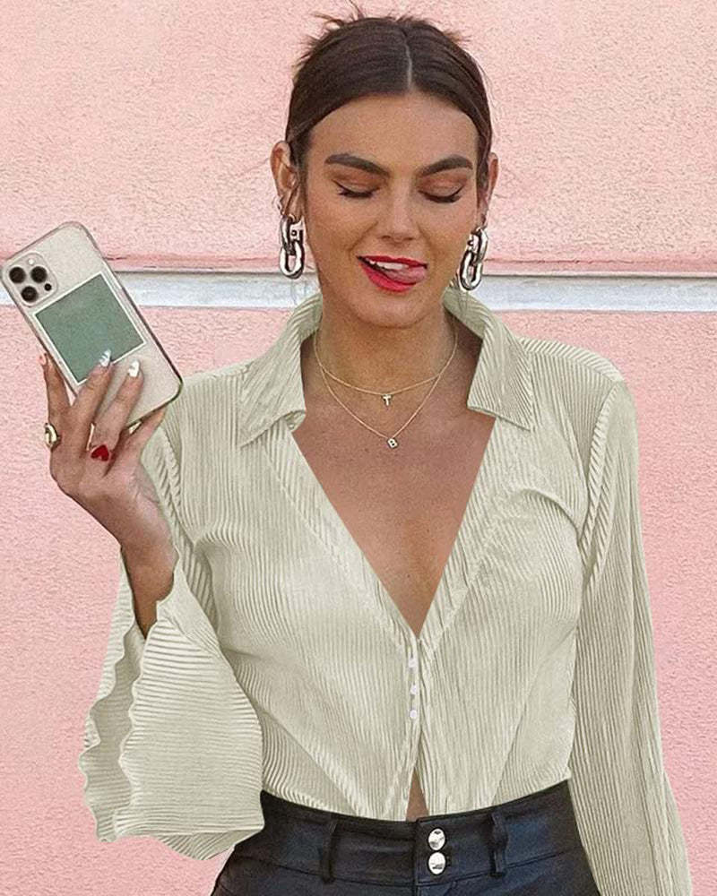 Women's Deep V Neck Shirt Button Front Blouse Bell Long Sleeve Tops - Zeagoo (Us Only)-tidenox