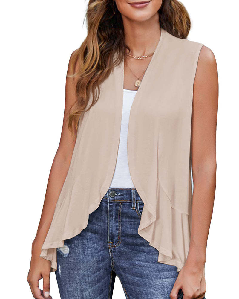 Women's Sleeveless Draped Open Front Cardigan Ruffles Hem Vest - Zeagoo (Us Only)-tidenox