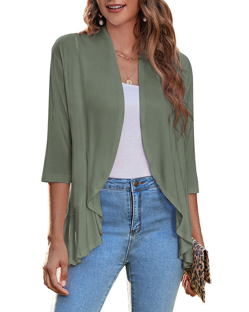 Women's Open Front Cardigan 3/4 Sleeve Draped Ruffles Soft Knit Sweaters - Zeagoo (Us Only)-tidenox