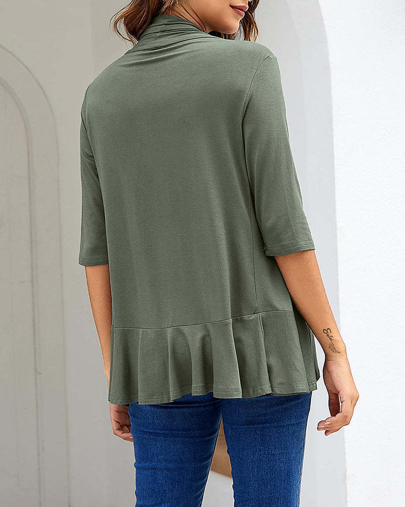 Women's Open Front Cardigan 3/4 Sleeve Draped Ruffles Soft Knit Sweaters - Zeagoo (Us Only)-tidenox