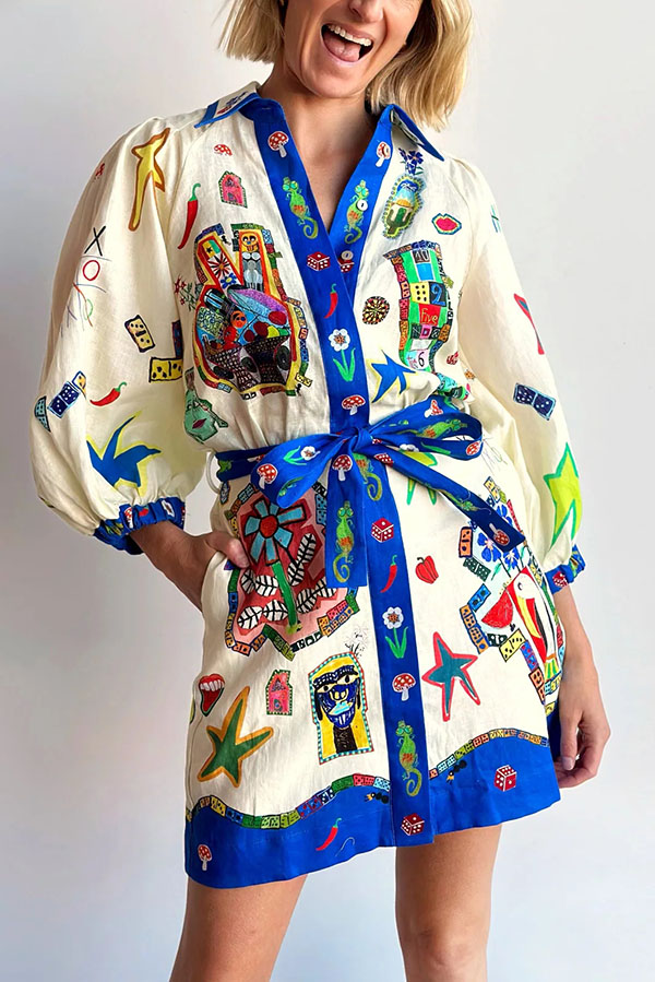 Linen Blend Unique Printed Balloon Sleeve Pocket Tie Waist Mini Dress-tidenox