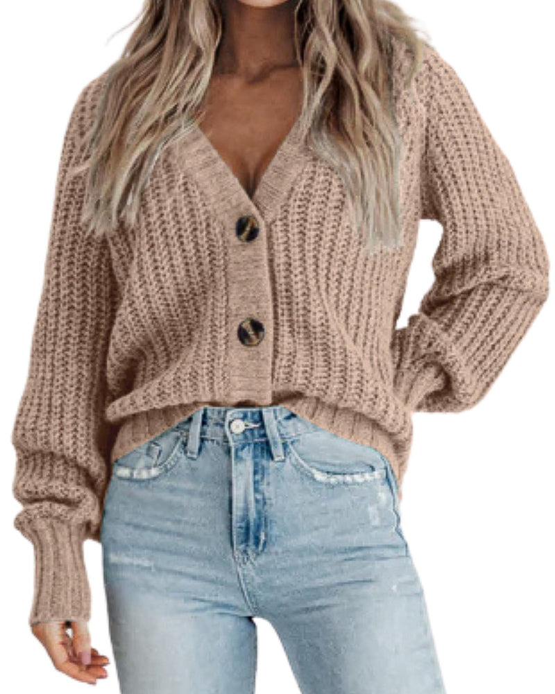 Zeagoo Women's 2023 Fall Chunky Knit Cardigans Open Front Long Sleeve V Neck Button Loose Cardigan Sweaters-tidenox