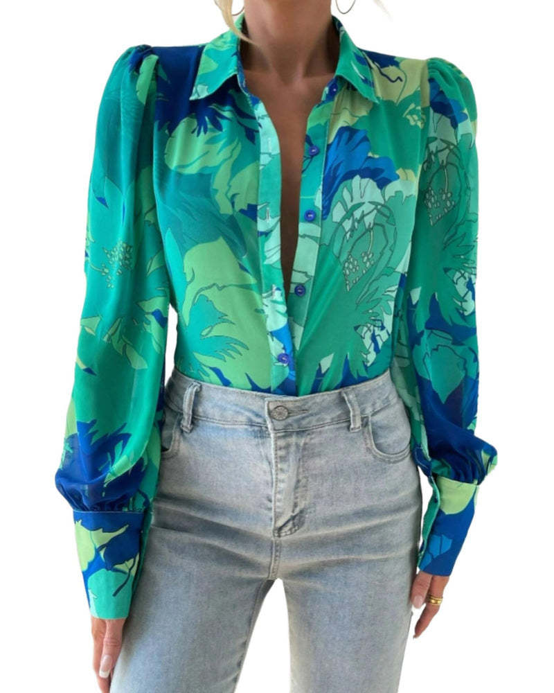 Zeagoo Printed Lantern Long Sleeve Blouse-tidenox