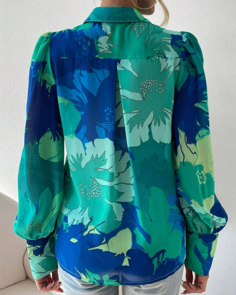 Zeagoo Printed Lantern Long Sleeve Blouse-tidenox