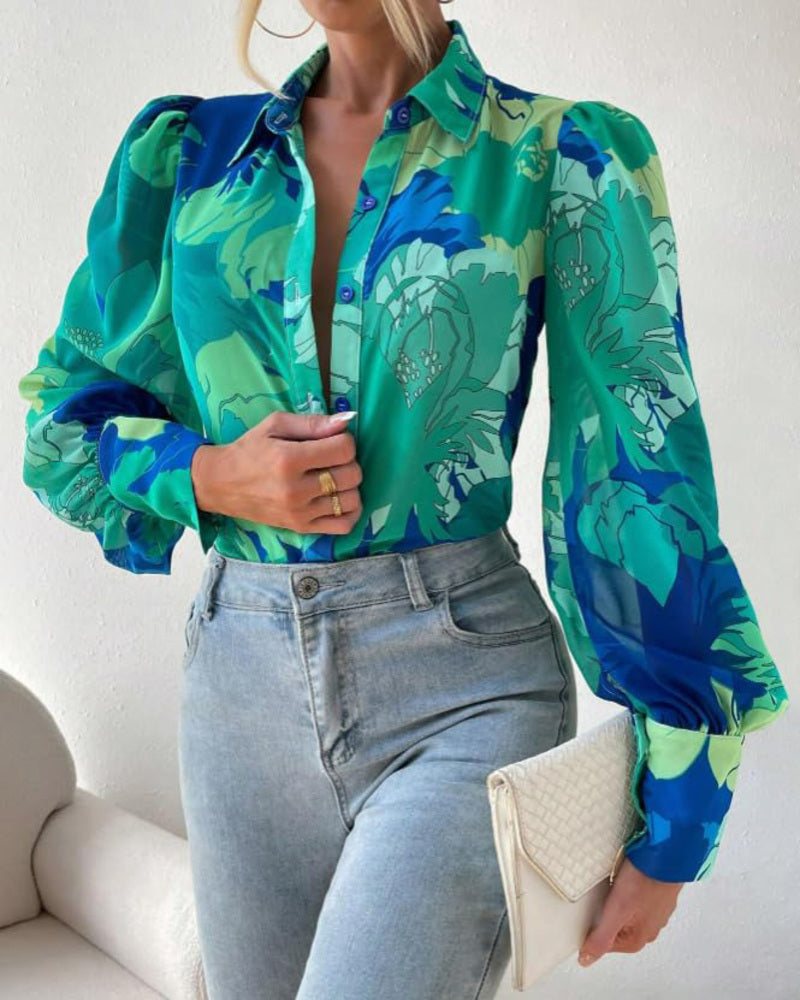 Zeagoo Printed Lantern Long Sleeve Blouse-tidenox