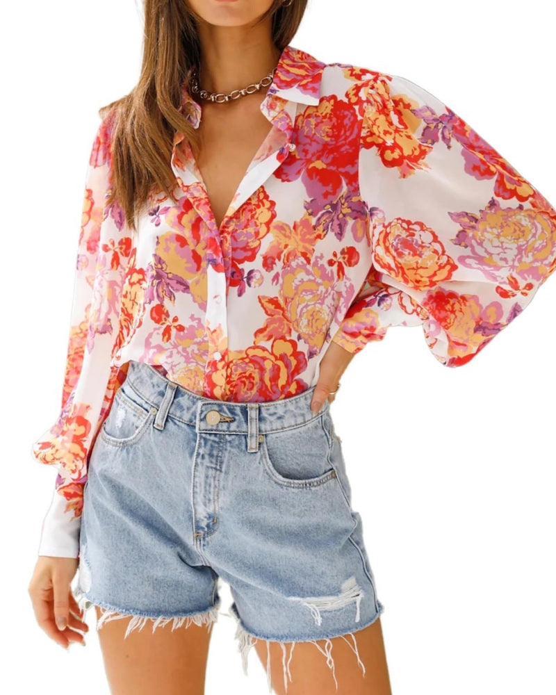 Zeagoo Printed Lantern Long Sleeve Blouse-tidenox