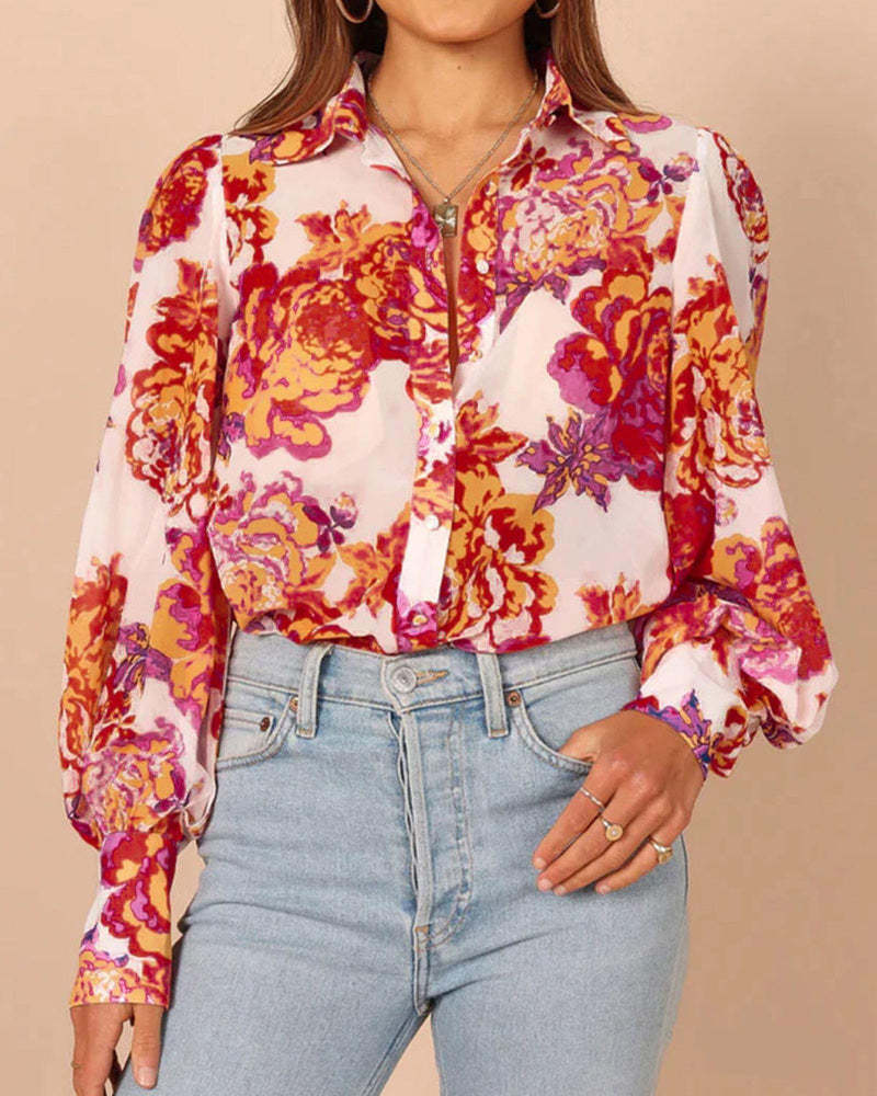 Zeagoo Printed Lantern Long Sleeve Blouse-tidenox