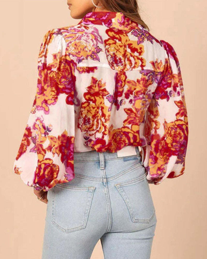 Zeagoo Printed Lantern Long Sleeve Blouse-tidenox