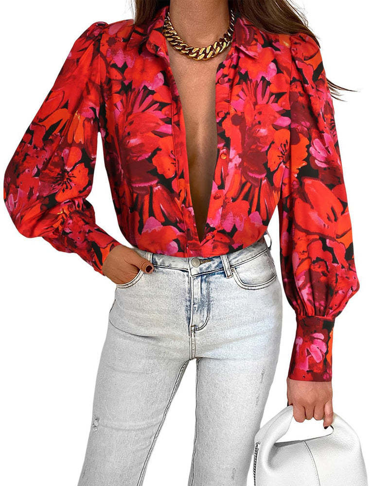 Zeagoo Printed Lantern Long Sleeve Blouse-tidenox