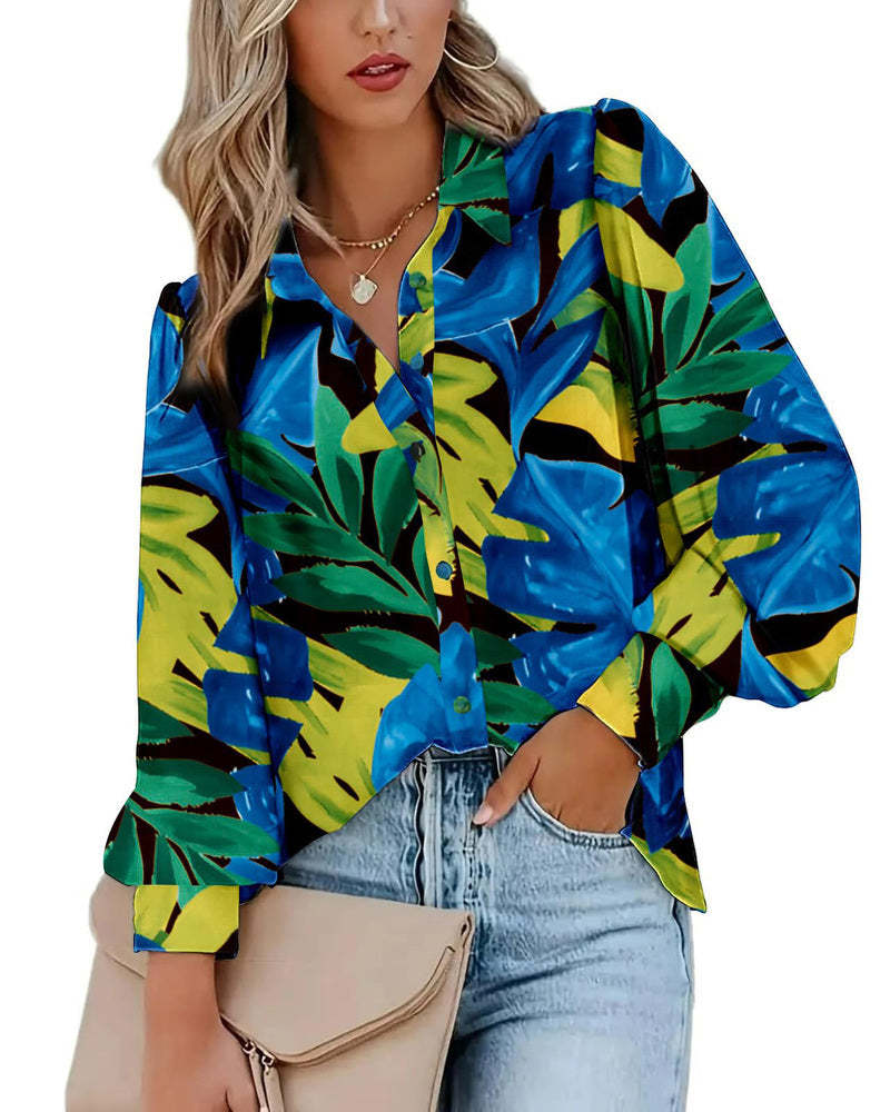 Zeagoo Printed Lantern Long Sleeve Blouse-tidenox