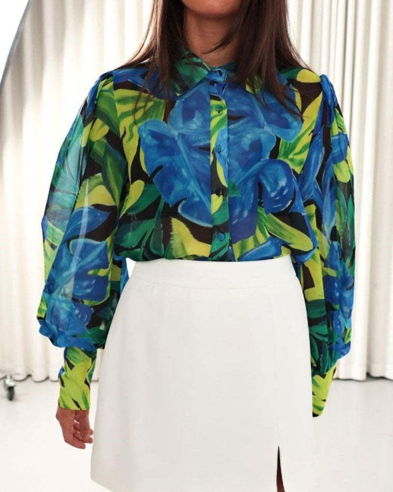 Zeagoo Printed Lantern Long Sleeve Blouse-tidenox