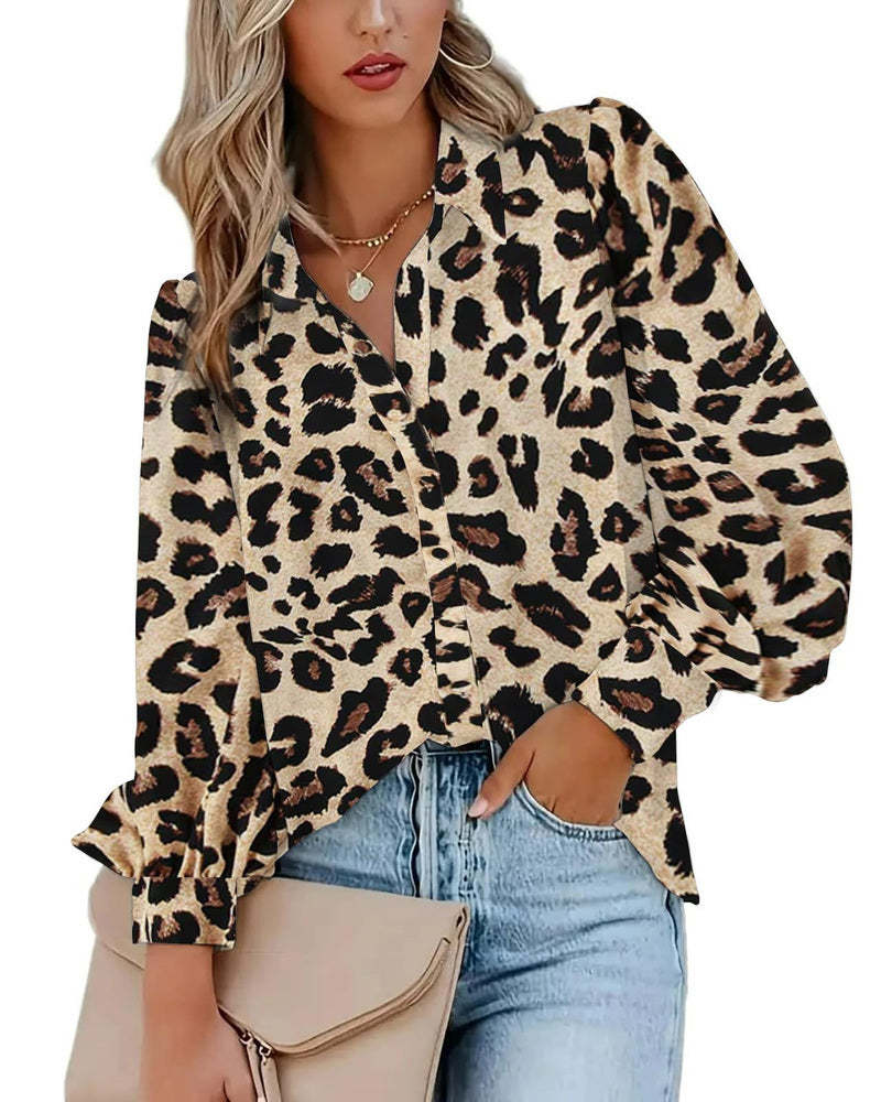 Zeagoo Printed Lantern Long Sleeve Blouse-tidenox