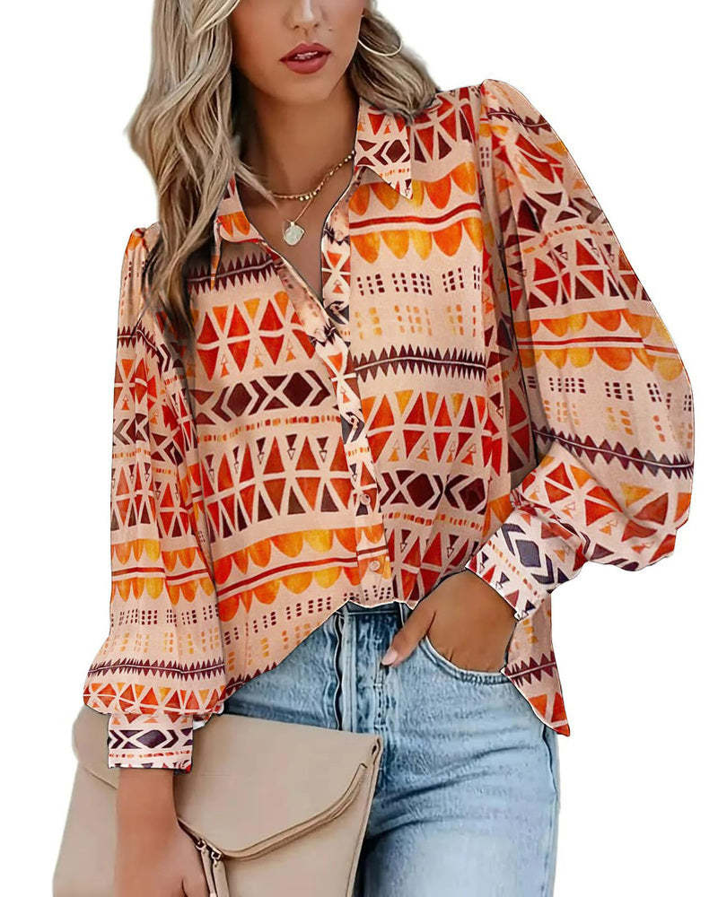 Zeagoo Printed Lantern Long Sleeve Blouse-tidenox