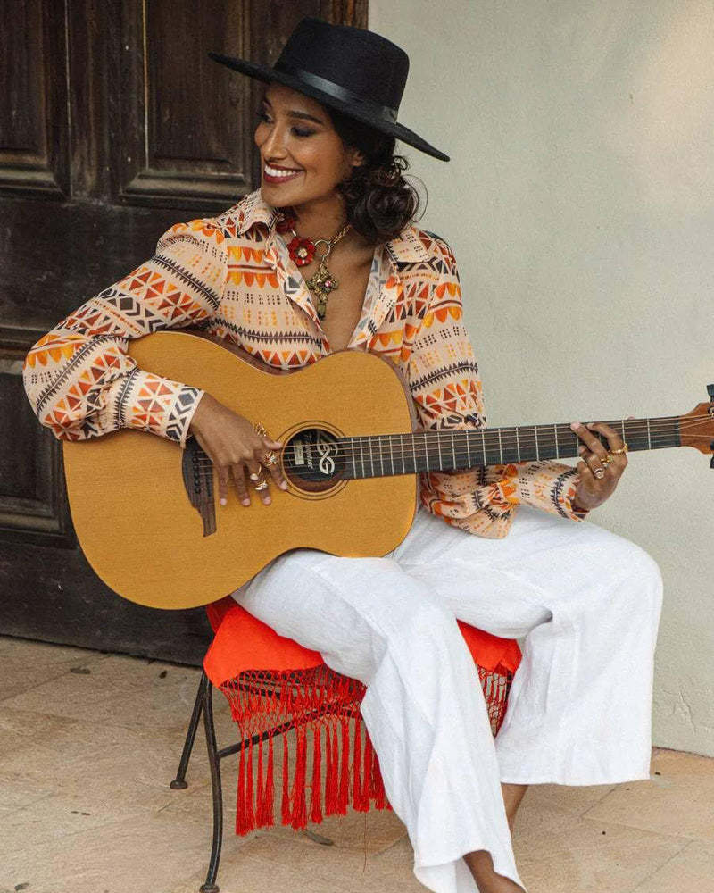 Zeagoo Printed Lantern Long Sleeve Blouse-tidenox