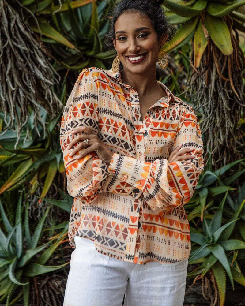 Zeagoo Printed Lantern Long Sleeve Blouse-tidenox