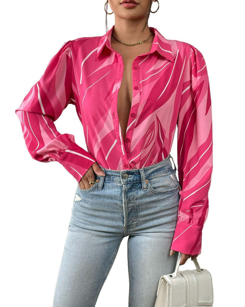 Zeagoo Printed Lantern Long Sleeve Blouse-tidenox