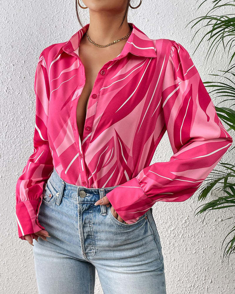 Zeagoo Printed Lantern Long Sleeve Blouse-tidenox