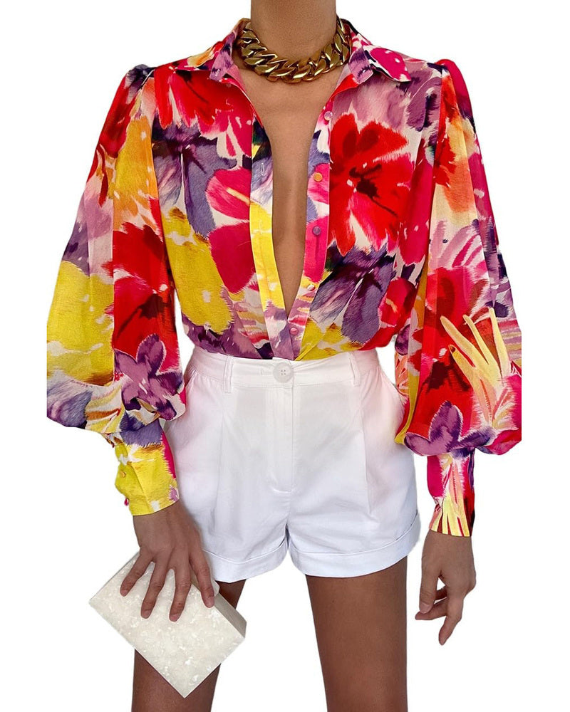 Zeagoo Printed Lantern Long Sleeve Blouse-tidenox
