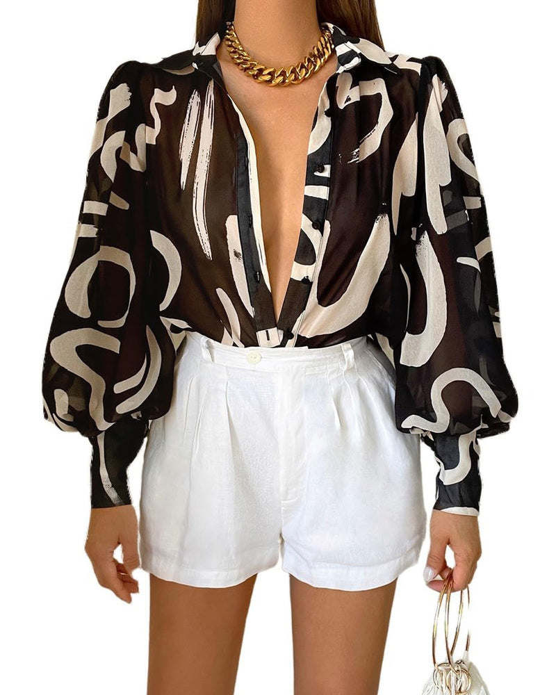 Zeagoo Printed Lantern Long Sleeve Blouse-tidenox