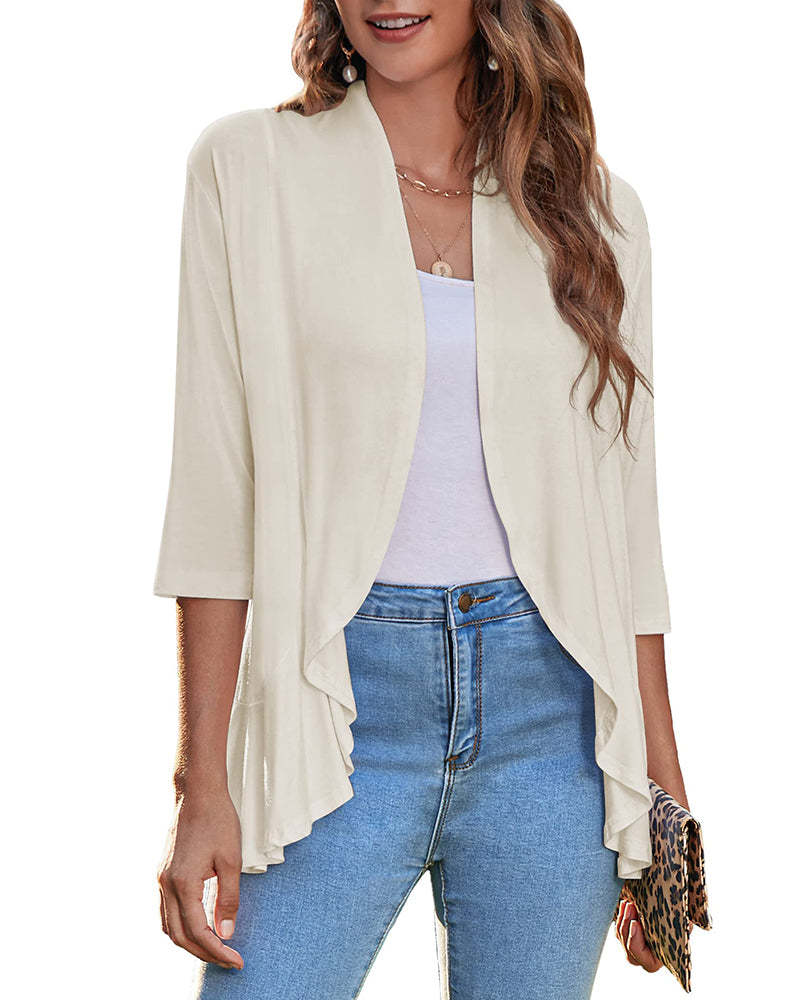 Women's Open Front Cardigan 3/4 Sleeve Draped Ruffles Soft Knit Sweaters - Zeagoo (Us Only)-tidenox