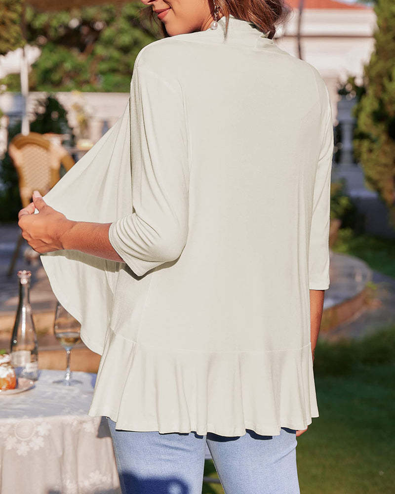 Women's Open Front Cardigan 3/4 Sleeve Draped Ruffles Soft Knit Sweaters - Zeagoo (Us Only)-tidenox