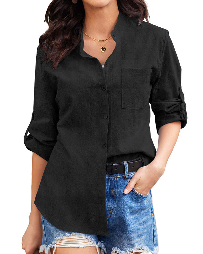 Women Cotton Linen Shirts Beach V Neck Roll Up Sleeve Button Down Blouses Shirts Summer Casual Dress Tops - Zeagoo (Us Only)-tidenox