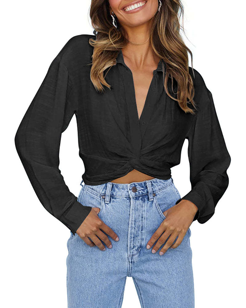 Zeagoo Women's V Neck Twist Hem Blouse Long Sleeve Crop Top Casual Button Shirts-tidenox