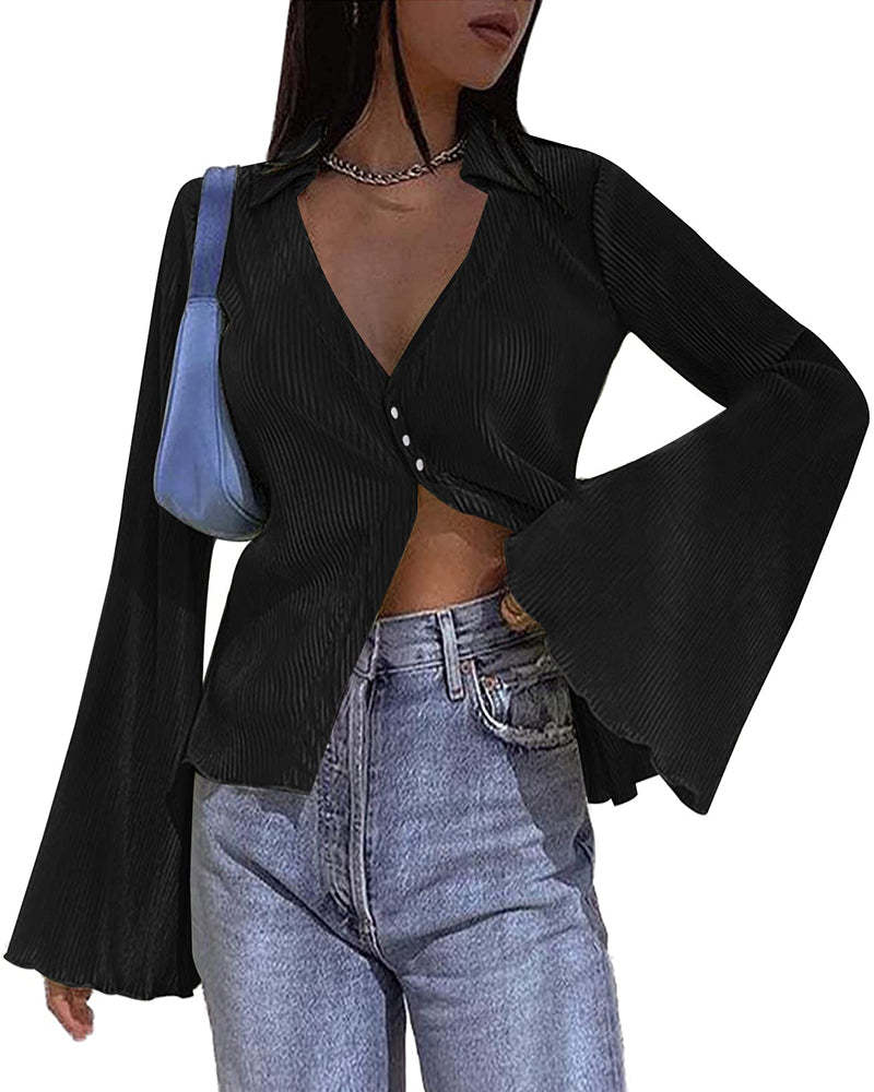 Women's Deep V Neck Shirt Button Front Blouse Bell Long Sleeve Tops - Zeagoo (Us Only)-tidenox