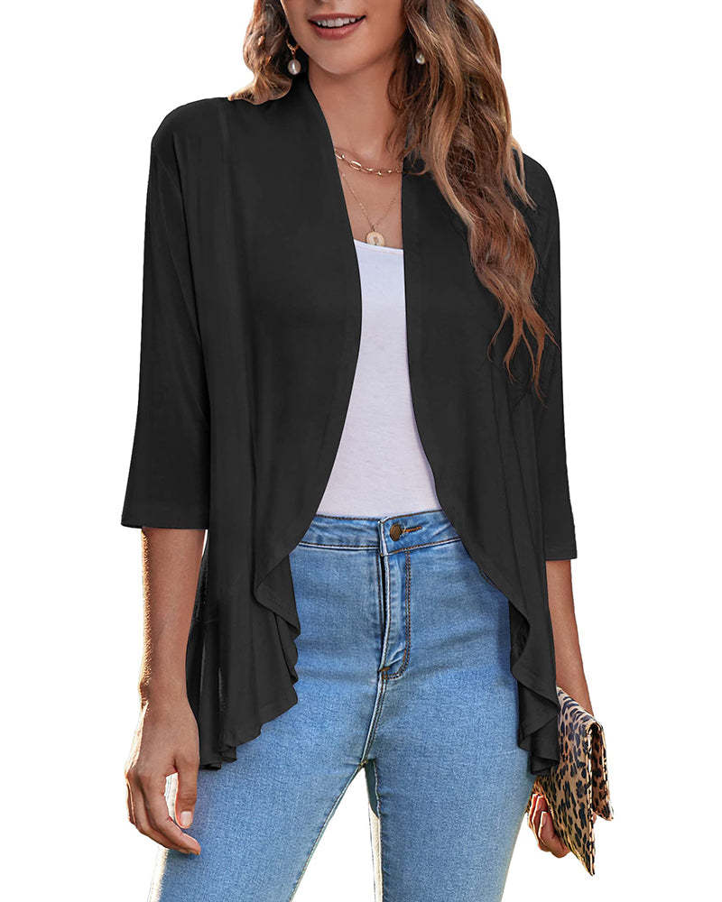 Women's Open Front Cardigan 3/4 Sleeve Draped Ruffles Soft Knit Sweaters - Zeagoo (Us Only)-tidenox