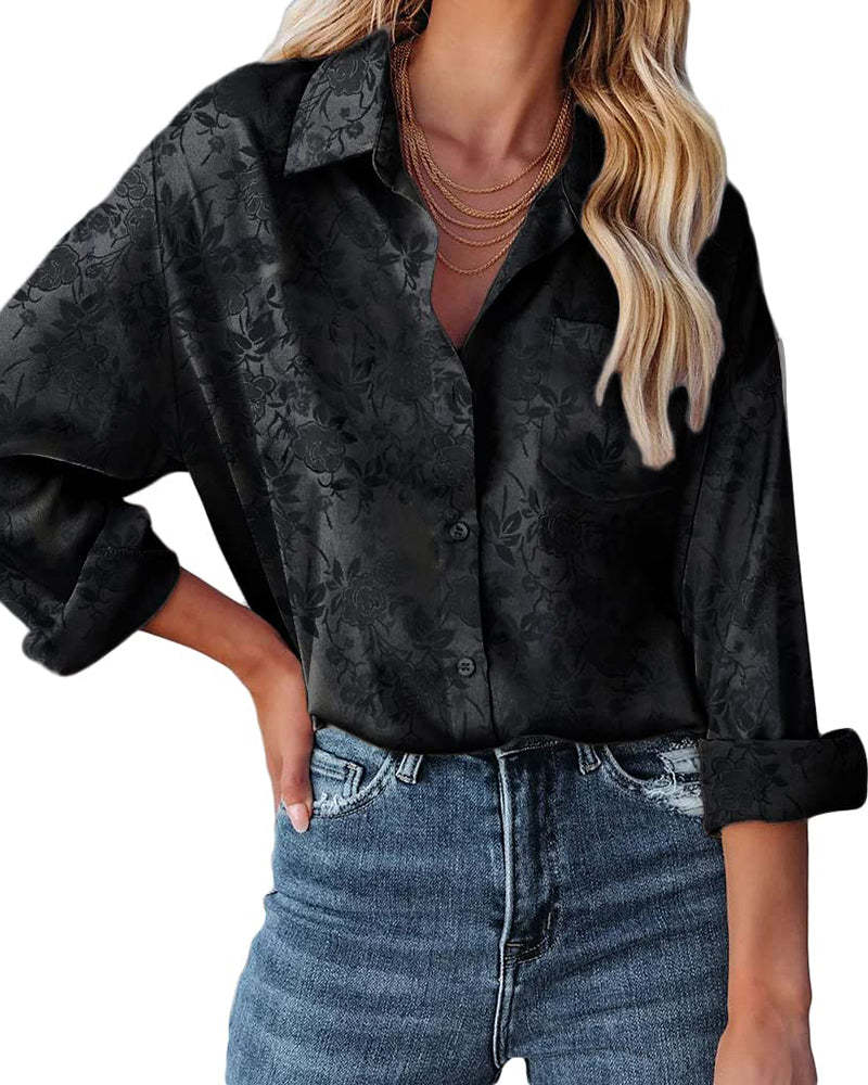 Satin Silk Shirt Floral Button Down Blouse - Zeagoo (Us Only)-tidenox