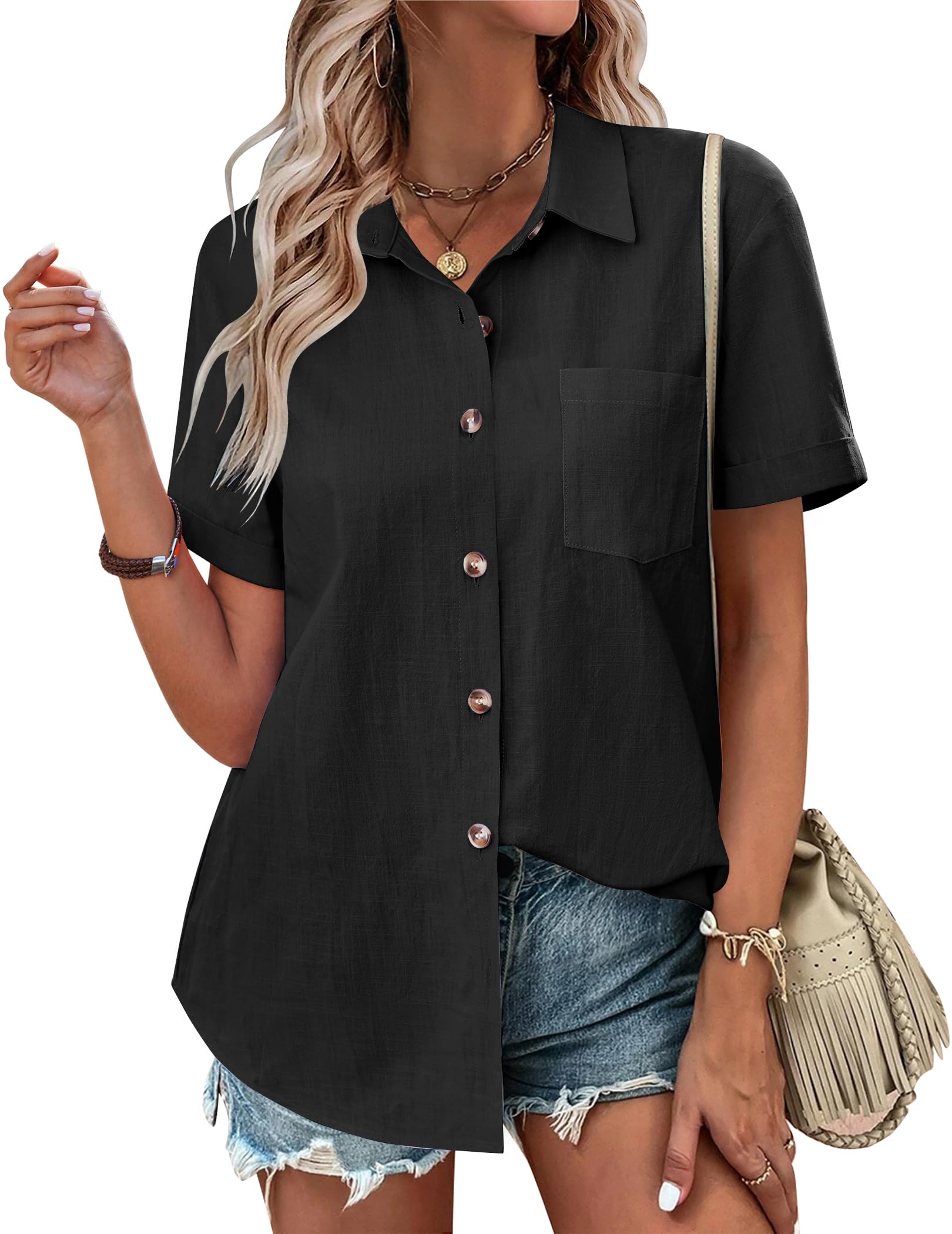 Zeagoo Color Block Short Sleeve Cotton Linen Causal Tops-tidenox