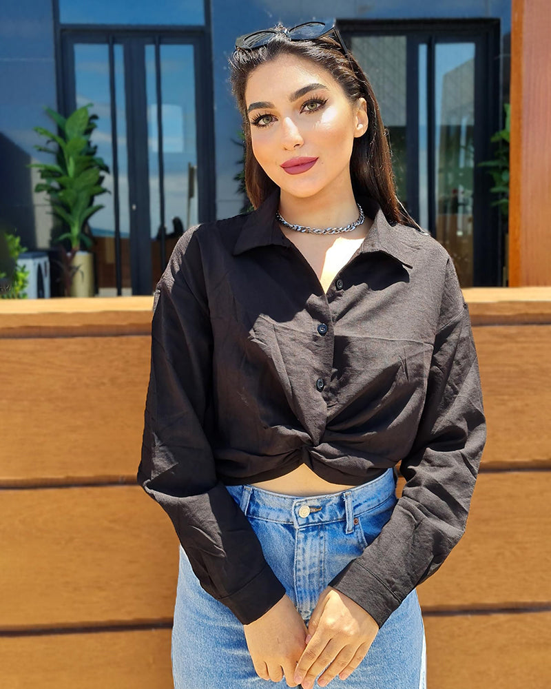 Zeagoo Women's V Neck Twist Hem Blouse Long Sleeve Crop Top Casual Button Shirts-tidenox