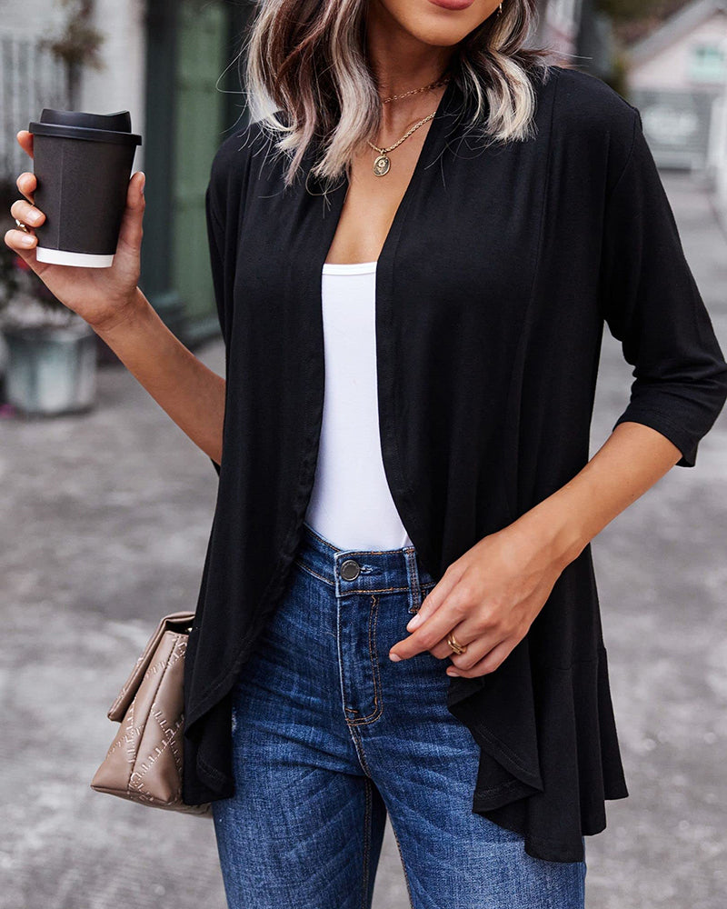 Women's Open Front Cardigan 3/4 Sleeve Draped Ruffles Soft Knit Sweaters - Zeagoo (Us Only)-tidenox