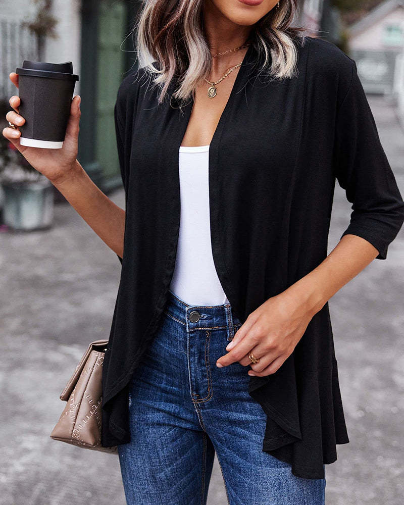 Women's Open Front Cardigan 3/4 Sleeve Draped Ruffles Soft Knit Sweaters - Zeagoo (Us Only)-tidenox