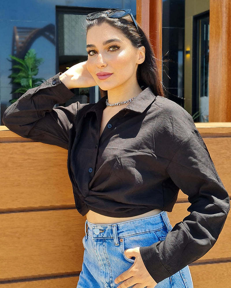 Zeagoo Women's V Neck Twist Hem Blouse Long Sleeve Crop Top Casual Button Shirts-tidenox