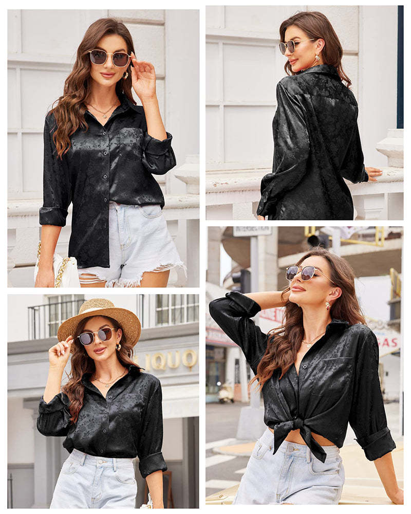 Satin Silk Shirt Floral Button Down Blouse - Zeagoo (Us Only)-tidenox