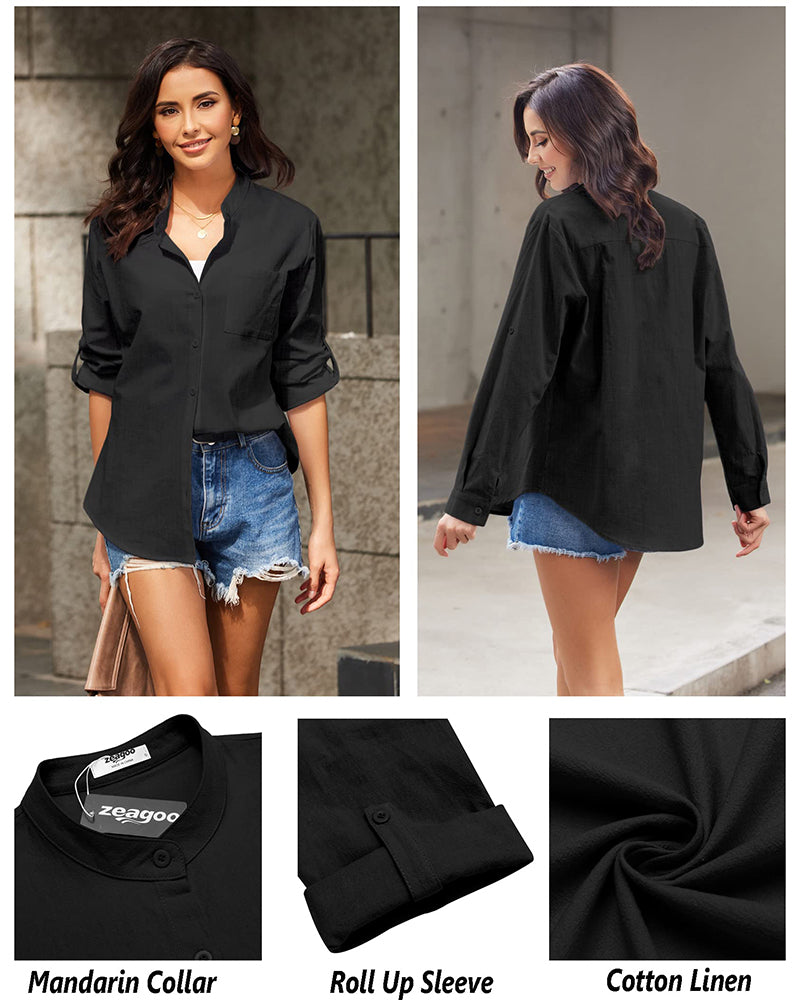 Women Cotton Linen Shirts Beach V Neck Roll Up Sleeve Button Down Blouses Shirts Summer Casual Dress Tops - Zeagoo (Us Only)-tidenox