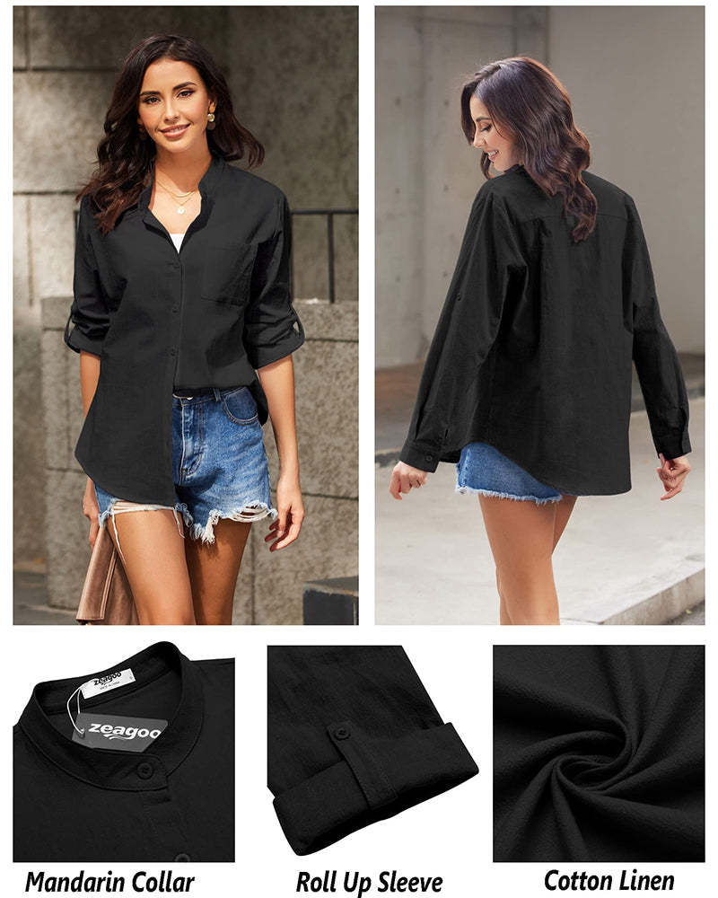 Women Cotton Linen Shirts Beach V Neck Roll Up Sleeve Button Down Blouses Shirts Summer Casual Dress Tops - Zeagoo (Us Only)-tidenox