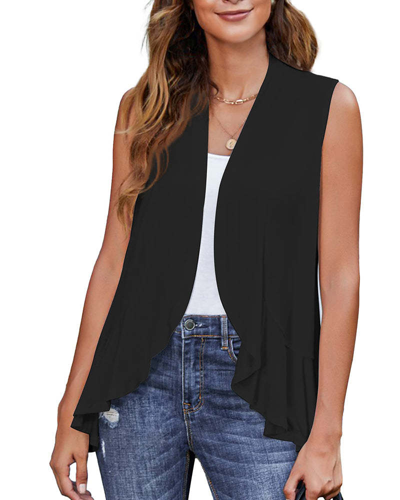 Women's Sleeveless Draped Open Front Cardigan Ruffles Hem Vest - Zeagoo (Us Only)-tidenox