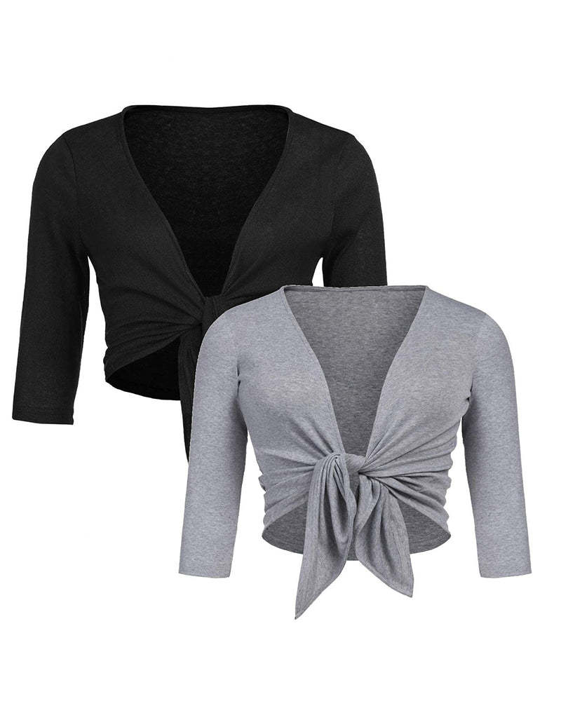 Women's Cropped Cardigan 3/4 Sleeve Sweater Shrugs Tie Front Bolero Jacket 2 Pack S-XXL - Zeagoo (Us Only)-tidenox
