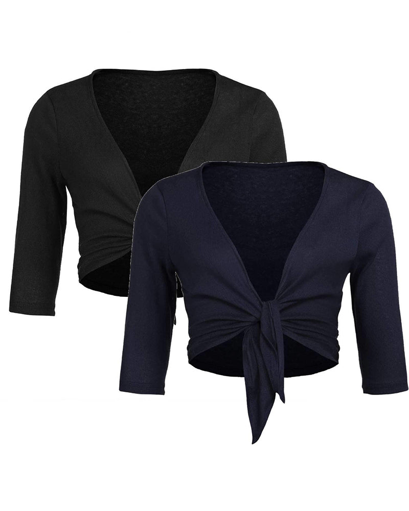 Women's Cropped Cardigan 3/4 Sleeve Sweater Shrugs Tie Front Bolero Jacket 2 Pack S-XXL - Zeagoo (Us Only)-tidenox