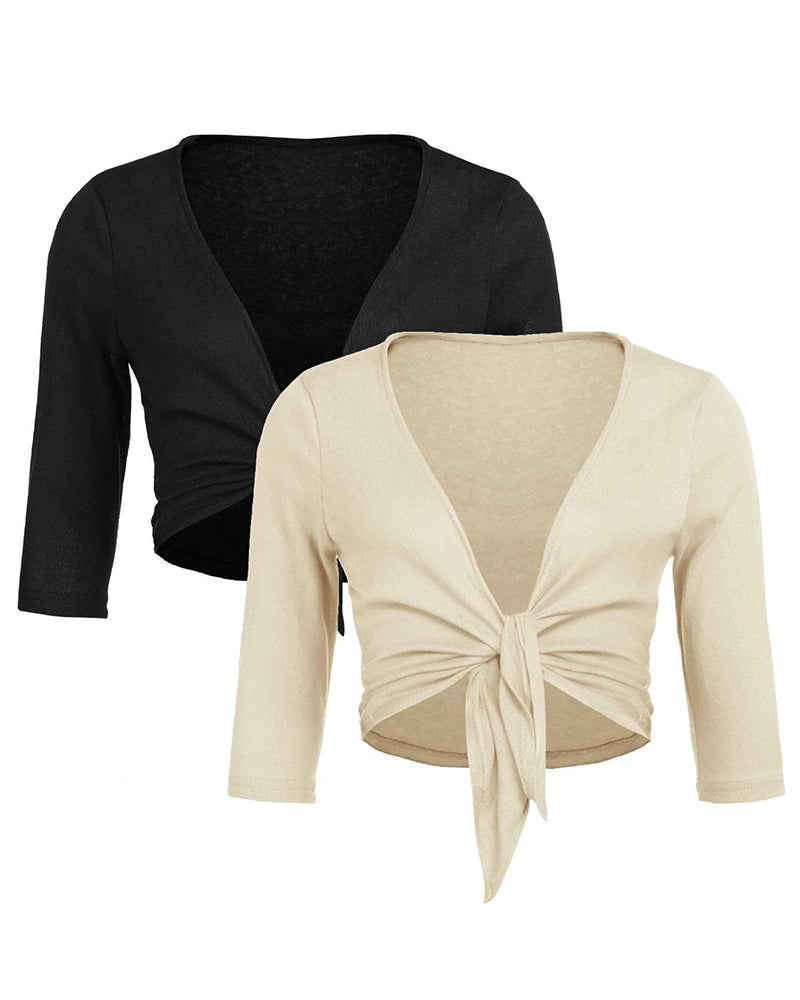 Women's Cropped Cardigan 3/4 Sleeve Sweater Shrugs Tie Front Bolero Jacket 2 Pack S-XXL - Zeagoo (Us Only)-tidenox