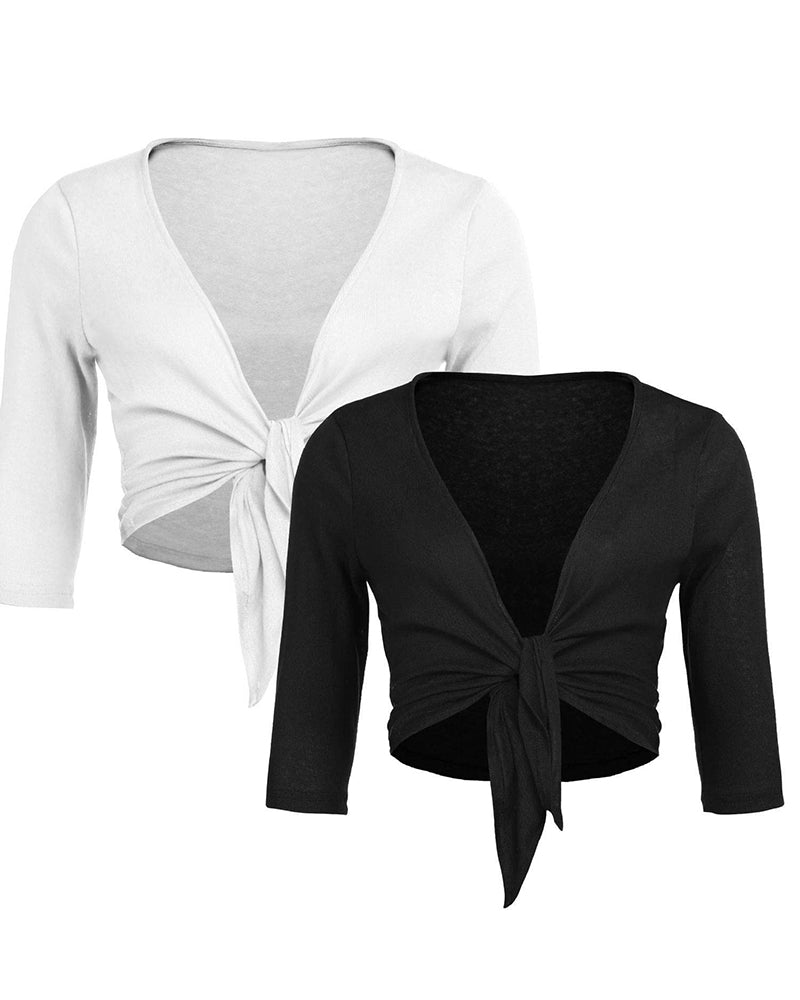 Women's Cropped Cardigan 3/4 Sleeve Sweater Shrugs Tie Front Bolero Jacket 2 Pack S-XXL - Zeagoo (Us Only)-tidenox