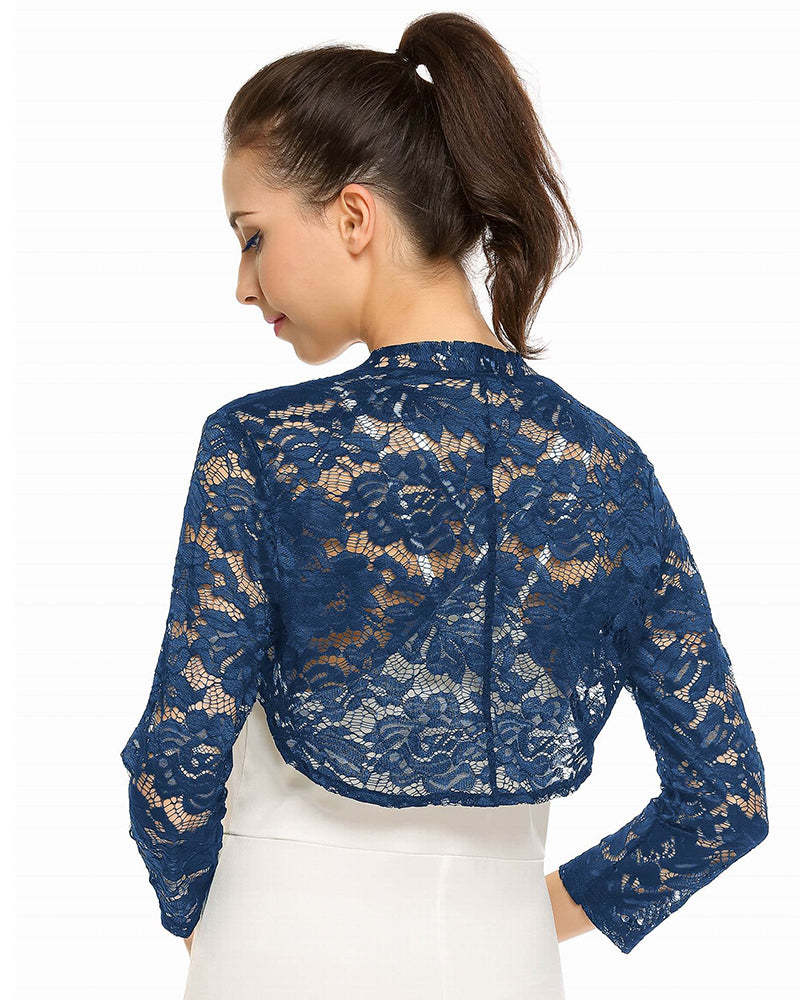 Women's 3 4 Sleeve Bolero Shrugs Crochet Lace Open Cardigan - Zeagoo (Us Only)-tidenox