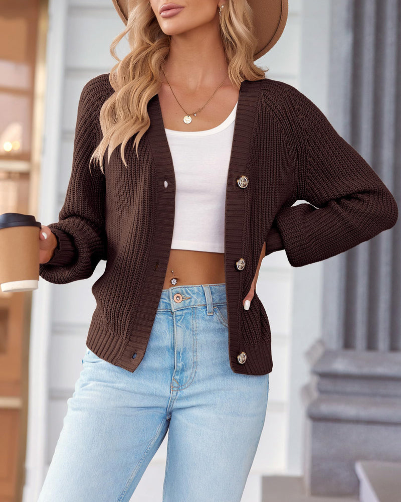 Zeagoo Women's 2023 Fall Chunky Knit Cardigans Open Front Long Sleeve V Neck Button Loose Cardigan Sweaters-tidenox